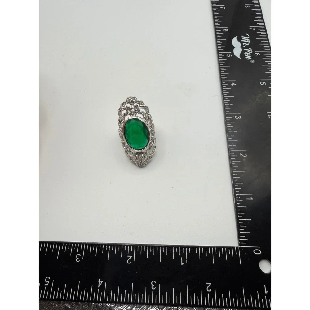 Vintage Emerald Green Glass Oval‎ Cocktail Ring Silver Tone Filigree Size 5.25